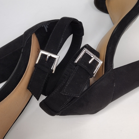 Torrid Women's Black Suede Leather Two Strap Tapered Open Toe Chunky Heel - Picture 12 of 16